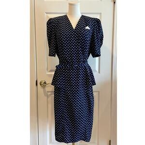 Vintage 80s Liz Roberts Wrap Dress Navy Blue White Seashell Print M / L Petite